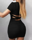 Kadın Kısa Kollu Bel çapraz Detay Dekolteli Eteği Büzgülü Sandy Mini Elbise thumbnail 1