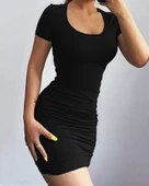 Kadın Kısa Kollu Bel çapraz Detay Dekolteli Eteği Büzgülü Sandy Mini Elbise thumbnail 2