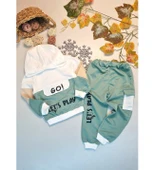 Erkek Çocuk Kapüşonlu Lets Go Yazılı Takım Yeşil Bej thumbnail 2