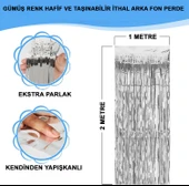 Gümüş Renk Ekstra Metalize Parlak Saçaklı Arka Fon Perde İthal A Kalite 1x2 Metre - 1