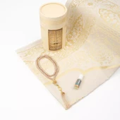 Seccade + Tesbih + Esans Hediye Seti (Kabe Desen, Gold) - 2