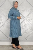 KADIN BROŞLU ÇİZGİLİ KETEN TESETTÜR GÖMLEK thumbnail 3