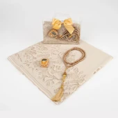 Tesbih + Dantelli Şal + Zikirmatik Hediye Seti (Asetat Kutulu, Gold) - 2