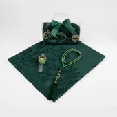 Tesbih + Dantelli Şal + Zikirmatik Hediye Seti (Asetat Kutulu, Yeşil) - 2