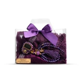 Tesbih + Dantelli Şal + Zikirmatik Hediye Seti (Asetat Kutulu, Mor) - 1