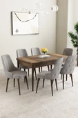 Mabel Barok Desen 80x132 Açılabilir Mdf Masa Yemek Odası Takımı, Mutfak Takımı 6 Adet Sandalye Gri - 1