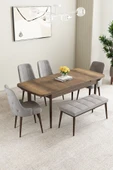 Mabel Barok Desen 80x132 Açılabilir Mdf Masa Yemek Odası Takımı, Mutfak Takımı 4 Sandalye, 1 Bench Gri - 2