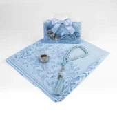 Tesbih + Dantelli Şal + Zikirmatik Hediye Seti (Asetat Kutulu, Mavi) - 2