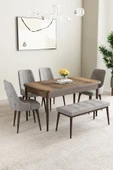 Mabel Barok Desen 80x132 Açılabilir Mdf Masa Yemek Odası Takımı, Mutfak Takımı 4 Sandalye, 1 Bench Gri - 1