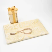 Tesbih + Seccade Hediye Seti (Desenli Dik Asetat Kutu, Gold) - 1