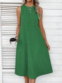 Kadın Kolsuz Bisiklet Yaka Cepli Midi Keten Elbise thumbnail 5