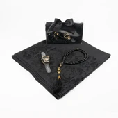 Tesbih + Dantelli Şal + Zikirmatik Hediye Seti (Asetat Kutulu, Siyah) - 2