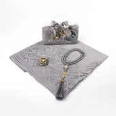 Tesbih + Dantelli Şal + Zikirmatik Hediye Seti (Asetat Kutulu, Gri) - 2