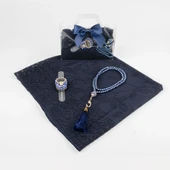 Tesbih + Dantelli Şal + Zikirmatik Hediye Seti (Asetat Kutulu, Lacivert) - 2