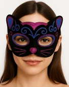 CEYLAN ADAM   Siyah Kadife Kaplama Üzeri Pembe Mavi Sim İşlemeli Kedi Maskesi 20x13 cm thumbnail 4