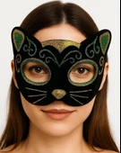 CEYLAN ADAM   Siyah Kadife Kaplama Üzeri Sarı Yeşil Sim İşlemeli Kedi Maskesi 20x13 cm thumbnail 4