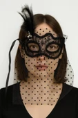 CEYLAN ADAM     Siyah Renk Siyah Puantiyeli Duvaklı İncili Parti Maskesi thumbnail 4