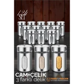 Modacar Cam+Çelik Tuzluk Biberlik Karabiberlik 3 Farklı Delikli 12 li SET - 1