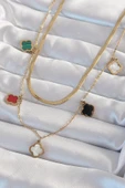 316L Çelik Gold Renk İtalyan Zincirli Renkli Mineli Çoklu Yonca Kolye - TJ-BKO8973 thumbnail 1