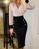 Kadın Uzun Kollu Kruvaze Yakalı Düğme Blok Desenli Kaşkorse Elbise thumbnail 3