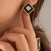 Özel Kare Tasarım Siyah Mineli Altın Küpe thumbnail 2