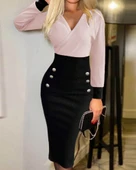 Kadın Uzun Kollu Kruvaze Yakalı Düğme Blok Desenli Kaşkorse Elbise thumbnail 1