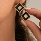 Özel Kare Tasarım Siyah Mineli Altın Küpe thumbnail 1