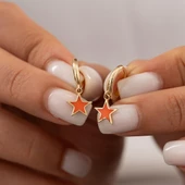 Turuncu Mineli Yıldız Figürlü Minimal 14 Ayar Altın Küpe - 1