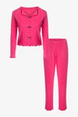 Kadın Pamuklu Çıtır Çiçek Desenli Baby Overloklu Fiyonk Detaylı Uzun Kollu Pijama Takımı - 2