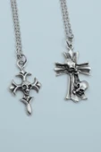 2'li Kuru Kafa Haç Kuru Kafa Gümüş Kaplama Kolye Seti thumbnail 1