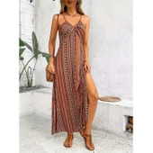 Lucky Life Kadın Ip Askılı Sırttan çapraz Detaylı Yırtmaçlı Desenli Süprem Elbise - 2