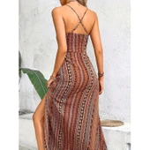 Lucky Life Kadın Ip Askılı Sırttan çapraz Detaylı Yırtmaçlı Desenli Süprem Elbise - 1