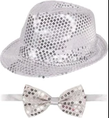 CEYLAN ADAM   Gümüş Payetli Şapka ve Papyon Seti – Parıltılı Yetişkin Kostüm Seti thumbnail 1