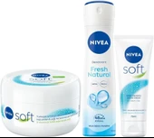 NIVEA Soft Krem 300ml, Nemlendirici Bakım Kremi, Yüz, Vücut, El, Jojoba Yağı ve E Vitamini ile Cilt Bakımı ve NIVEA Kadın Sprey Deodorant Fresh Natural 150ml, ve NIVEA Soft 75 ml, El Kremi - 1
