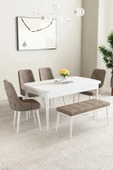 Mabel Beyaz 80x132 Açılabilir Mdf Masa Yemek Odası Takımı, Mutfak Takımı  4 Sandalye 1 Bench Cappucino - 1