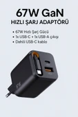 SMAYLİNG 67W GaN Hızlı Şarj Adaptörü – USB-C + USB-A Çıkışlı, Dahili Kablo - 2