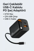 SMAYLİNG 67W GaN Hızlı Şarj Adaptörü – USB-C + USB-A Çıkışlı, Dahili Kablo - 6