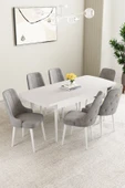 Mabel Beyaz 80x132 Açılabilir Mdf Masa Yemek Odası Takımı, Mutfak Takımı 6 Adet Sandalye Gri - 2
