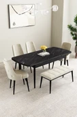 Mabel Siyah Mermer Desen 80x132 Açılabilir Mdf Masa Yemek Odası Takımı, Mutfak Takımı 4 Sandalye, 1 Bench Krem - 2