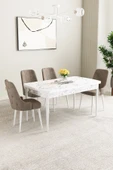 Mabel Beyaz Mermer Desen 80x132 Açılabilir Mdf Masa Yemek Odası Takımı,Mutfak Takımı 4 Adet Sandalye Cappucino - 1