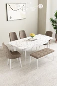 Mabel Beyaz Mermer 80x132 Açılabilir Mdf Masa Yemek Odası Takımı,Mutfak Takımı 4 Sandalye, 1 Bench Cappucino - 2