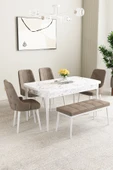 Mabel Beyaz Mermer 80x132 Açılabilir Mdf Masa Yemek Odası Takımı,Mutfak Takımı 4 Sandalye, 1 Bench Cappucino - 1