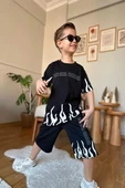 Yeni Sezon Alev Desenli Siyah Renk Erkek Çocuk Şortlu Takım - 1