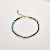 14 Ayar Altın Kaplama Doğal Azurit 2,5 mm Fasetli Boncuklu Gümüş Bileklik - BGS00102 thumbnail 3