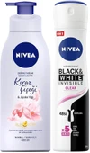 NIVEA Kadın Sprey Deodorant Black&White InvisibleClear 150ml,Kiraz Çiçeği Nemlendirici Vücut Losyonu 400ml - 1
