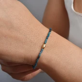 14 Ayar Altın Kaplama Doğal Azurit 2,5 mm Fasetli Boncuklu Gümüş Bileklik - BGS00102 thumbnail 1