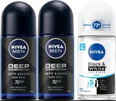 NIVEA Men Erkek Roll On Deodorant Deep Dimension 72 Saat Anti-Perspirant Koruma (50 ml) X2 + NIVEA Kadın Roll On Deodorant Black & White Invisible Pure 48 Saat Anti-perspirant Koruma (50 ml) - 1