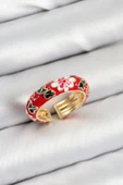 Pirinç Kırmızı Mineli Çiçek Motifli Gold Renk Ayarlanabilir Kadın Yüzük - 1