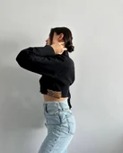 Yanı kemer detaylı crop gömlek siyah s4009 thumbnail 3