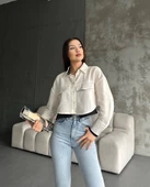 Çift renkli kısa gömlek krem s4021 thumbnail 2